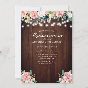 Rustic String Lights Blush Floral Quinceañera Invitation