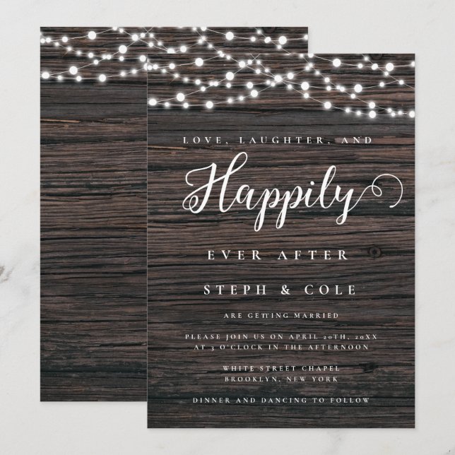 Rustic String Lights Boho Wood Wedding Invitation (Front/Back)