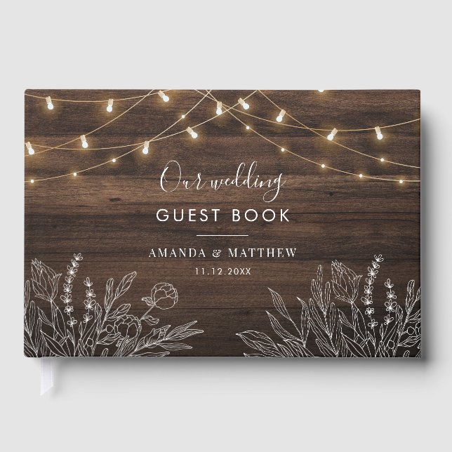 Rustic String Lights Botanical Wedding Guest Book (Front)