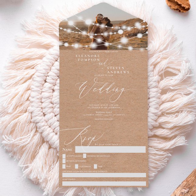 Rustic string lights brown kraft photo wedding all in one invitation (Creator Uploaded)