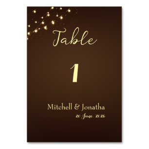 Rustic String Lights Brown Photo Wedding Table  Number