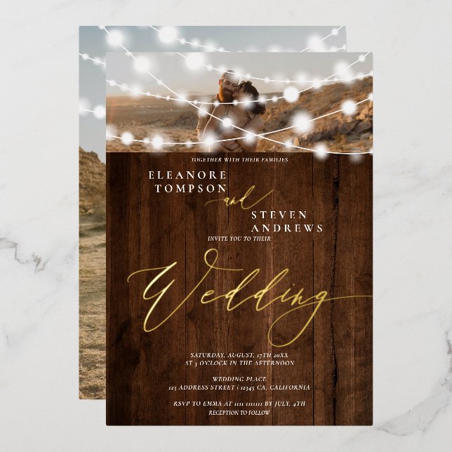 Rustic string lights brown wood 2 photos wedding (Front/Back)