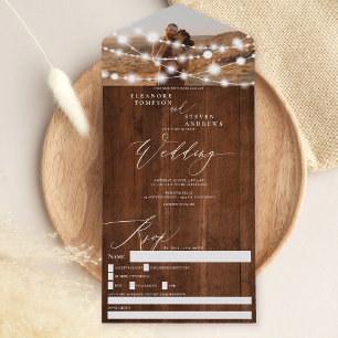 Rustic string lights brown wood photo wedding all in one invitation