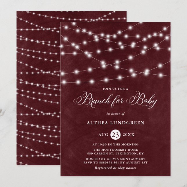 Rustic String Lights Burgundy Baby Shower Brunch Invitation (Front/Back)