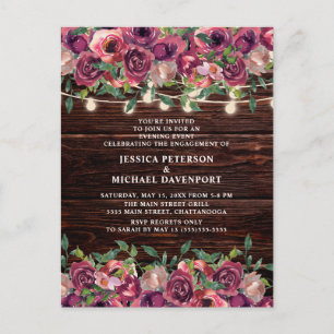 Rustic String Lights Burgundy Floral Engagement Postcard