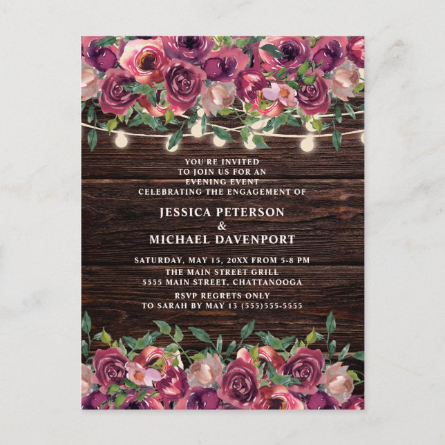 Rustic String Lights Burgundy Floral Engagement Postcard (Front)