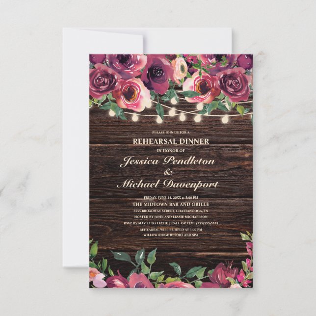 Rustic String Lights Burgundy Floral Rehearsal Invitation (Front)
