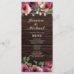 Rustic String Lights Burgundy Floral Wedding Menu