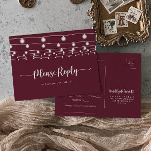 Rustic String Lights Burgundy Menu Choice RSVP Postcard