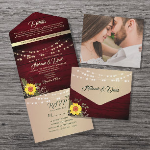 Rustic String Lights Burgundy Sunflower Wedding All In One Invitation