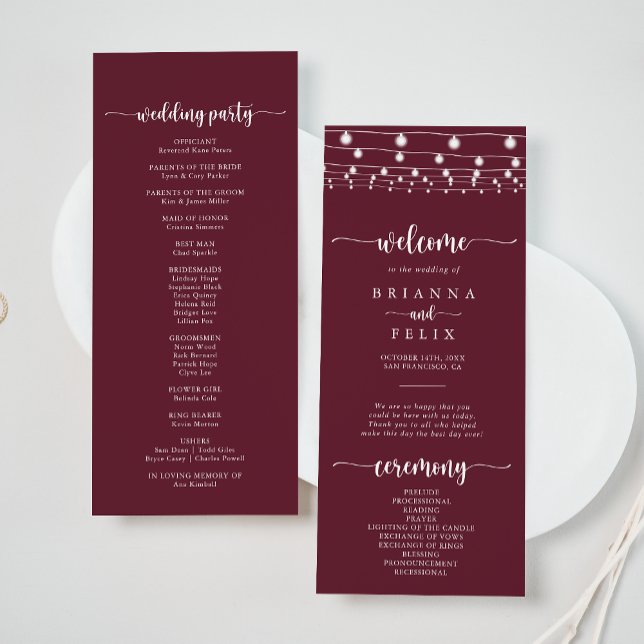 Rustic String Lights Burgundy Wedding Program (Creator Uploaded)