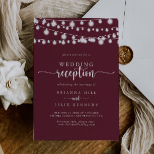 Rustic String Lights Burgundy Wedding Reception Invitation