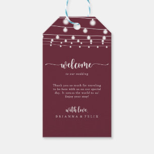 Rustic String Lights Burgundy Wedding Welcome Gift Tags