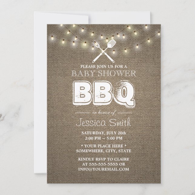 Rustic String Lights Burlap BBQ Baby Shower Invitation (Front)