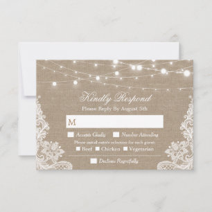 Rustic String Lights Burlap Lace Menu Choice RSVP