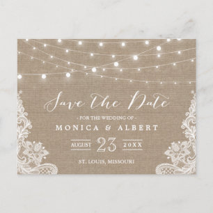 Rustic String Lights Burlap Lace   Save the Date Announcement Postcard