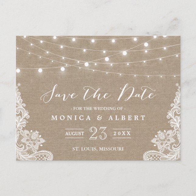 Rustic String Lights Burlap Lace | Save the Date Announcement Postcard (Front)