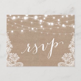 Rustic String Lights Burlap Lace Wedding RSVP Invitation Postcard