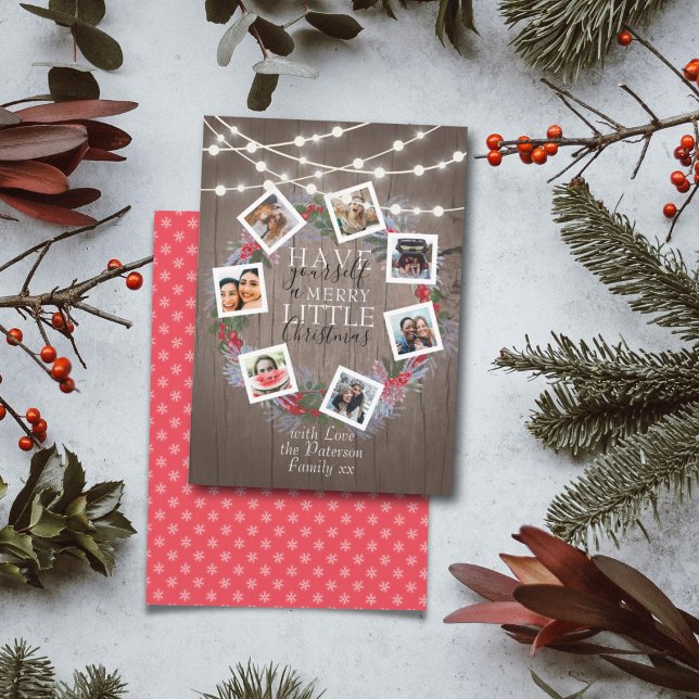 Rustic String Lights Christmas Wreath 7 Photo Holiday Card (Creator Uploaded)