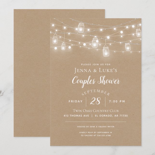Rustic String Lights Couples Douche Invitation (Devant / Derrière)