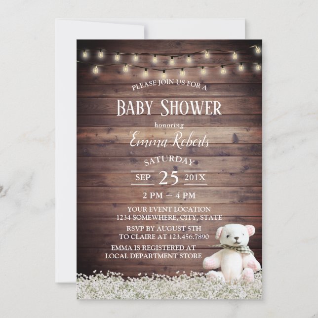 Rustic String Lights Cute Bear Baby Shower Invitation (Front)