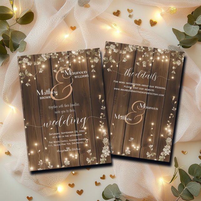 Rustic String Lights Details on the back Wedding Invitation (Creator Uploaded)
