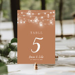 Rustic String Lights Double Sided Wedding Table Nu Table Number<br><div class="desc">Affordable printed wedding table number cards with a simple DIY template for customization. This rustic chic design features strands of glowing string lights and mason jars on a rust orange background. Personalize each table number that you need and add each to your cart individually (note: adding a bulk number of...</div>