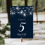 Rustic String Lights Double Sided Wedding Table Number<br><div class="desc">Affordable printed wedding table number cards with a simple DIY template for customization. This rustic chic design features strands of glowing string lights and mason jars on a dark navy blue background. Personalize each table number that you need and add each to your cart individually (note: adding a bulk number...</div>