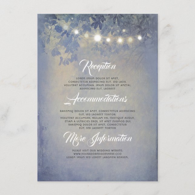 Rustic String Lights Dusty Blue Wedding Details Enclosure Card (Front)