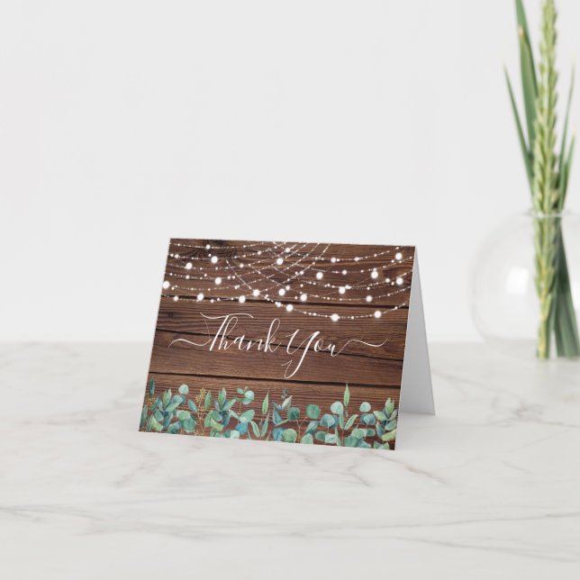 Rustic String Lights Eucalyptus Greenery Wedding  Thank You Card (Front)