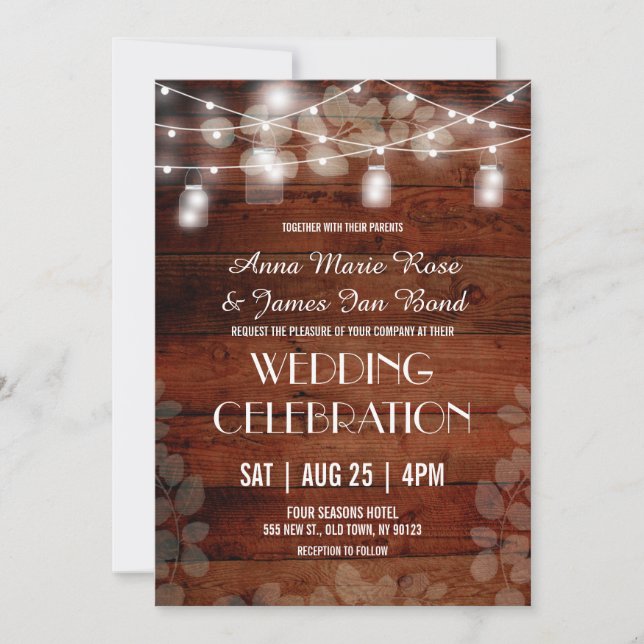 Rustic String Lights Eucalyptus Wedding Cards (Front)