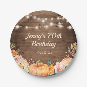 Rustic String Lights Fall Pumpkin Happy Birthday Paper Plate