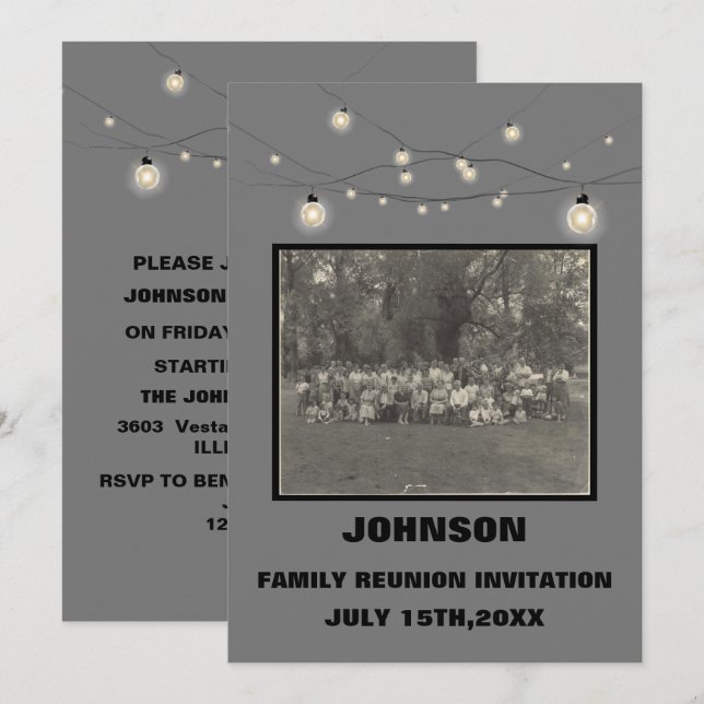 Rustic String Lights & Family Photo Reunion  Invit Invitation (Front/Back)