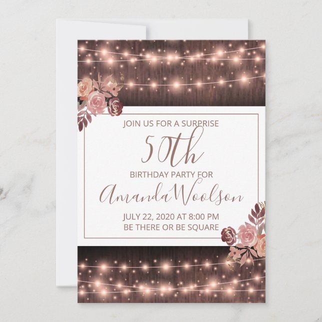 Rustic String Lights Floral 50th Birthday Invitation (Front)