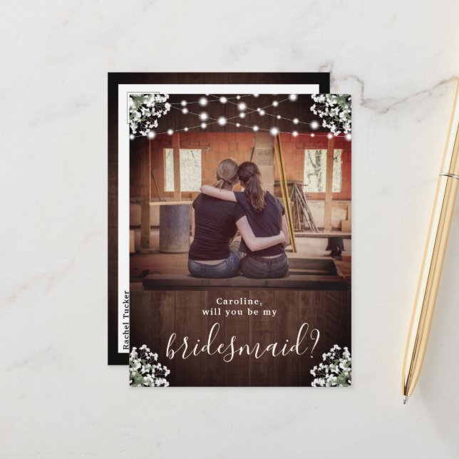 Rustic String Lights Floral Bridesmaid Proposal Postcard (Front/Back In Situ)