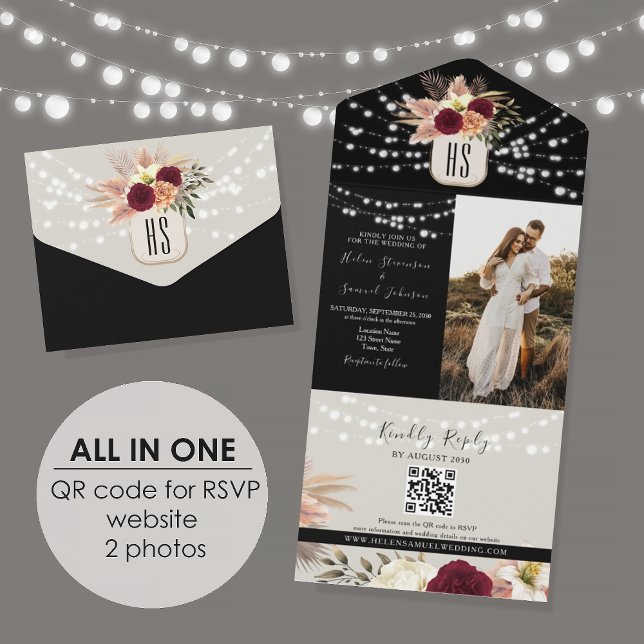 Rustic String Lights Floral Burgundy Black Wedding All In One Invitation (Creator Uploaded)