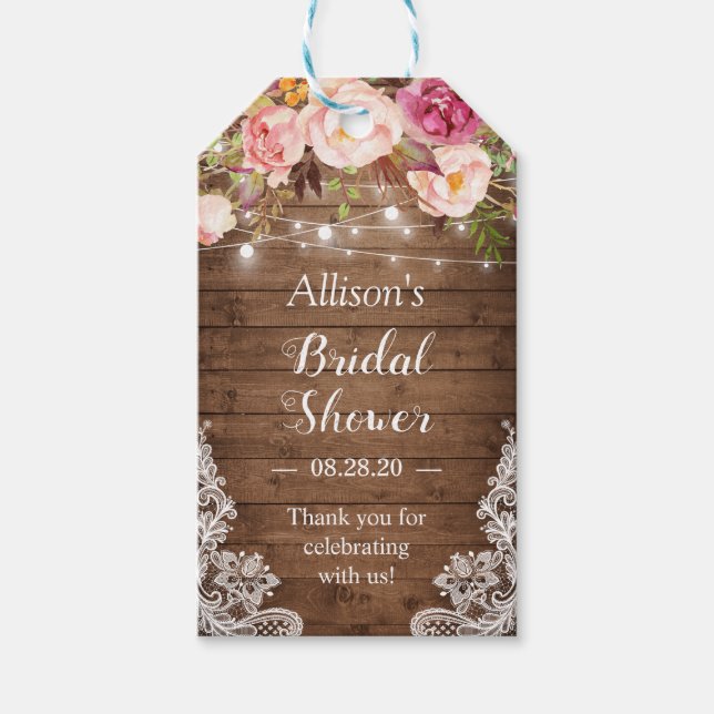 Rustic String Lights Floral Lace Bridal Shower Gift Tags (Front)