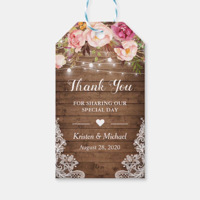 Rustic String Lights Floral Lace Wedding Thank You Gift Tags (Front)