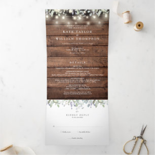 Rustic String Lights Floral Monogram Photo Wedding Tri-Fold Invitation