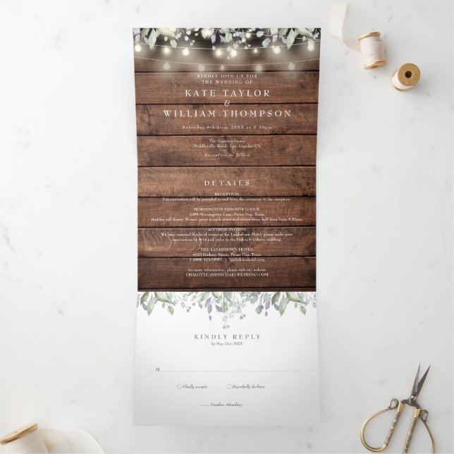 Rustic String Lights Floral Monogram Photo Wedding Tri-Fold Invitation (Inside)