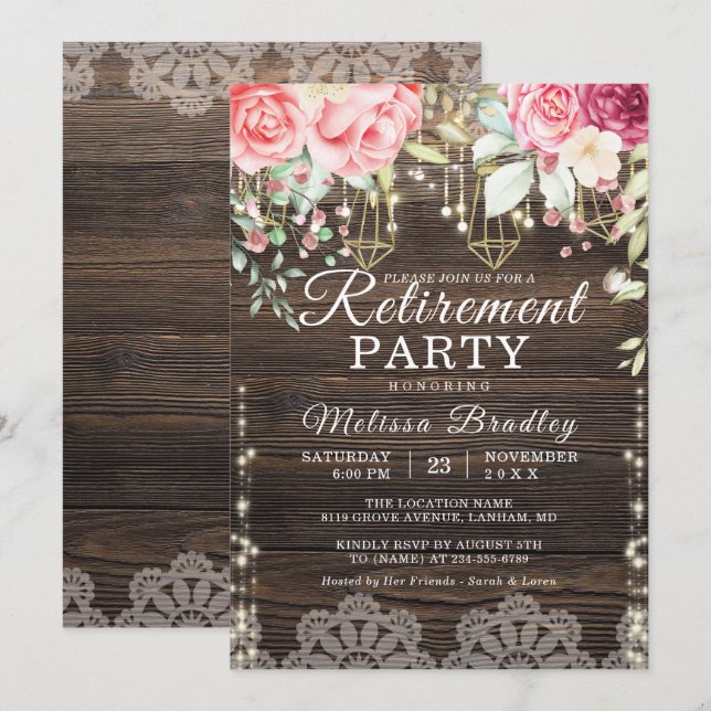 Rustic String Lights Floral Retirement Party Invitation (Front/Back)