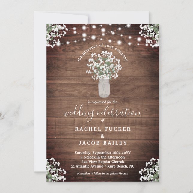 Rustic String Lights & Floral Vase of Babys Breath Invitation (Front)