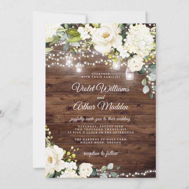 Rustic String Lights Floral Wedding Invitation (Front)