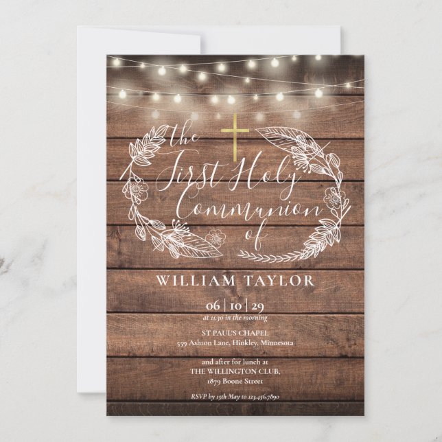Rustic String Lights Foliage First Holy Communion Invitation (Front)