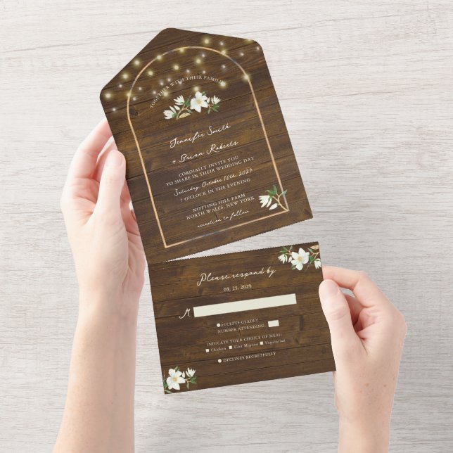 Rustic String Lights Gold Arch Magnolia Wedding All In One Invitation (Tearaway)