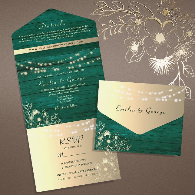 Rustic String Lights Green and Gold Wedding All In One Invitation (Creator Uploaded)
