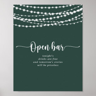 Rustic String lights Green Wedding Open Bar Poster
