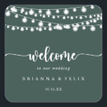 Rustic String Lights Green Wedding Welcome   Square Sticker<br><div class="desc">This rustic string lights green wedding welcome square sticker is perfect for a classic wedding. The design features beautiful hand-painted string lights in a green background.

These labels are perfect for hotel guest welcome bags and destination weddings.</div>