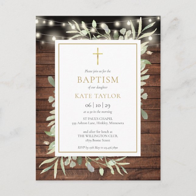 Rustic String Lights Greenery Baptism Invitation (Front)