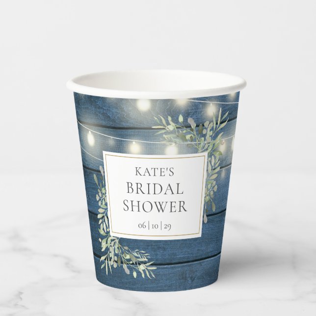Rustic String Lights Greenery Bridal Shower Paper Cups (Front)